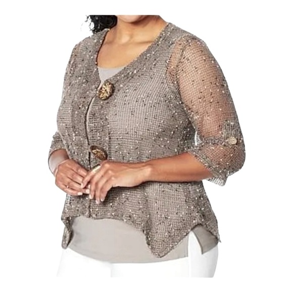 Nina Leonard Mocha Brown Coconut Button Knit Bolero Cardigan size XL - Picture 2 of 10